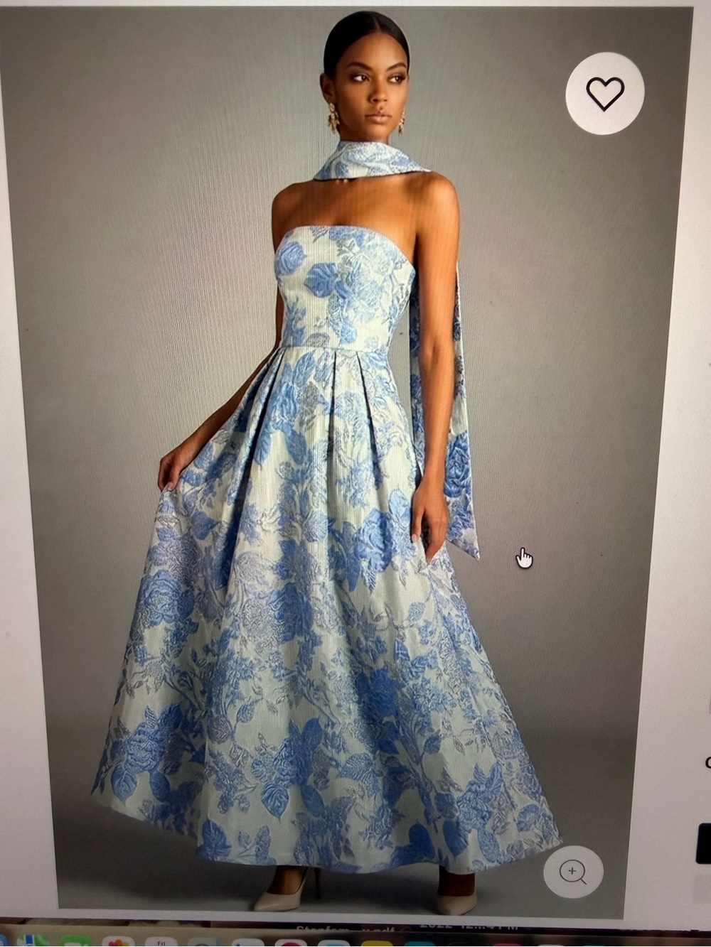 Strapless Blue Floral Evening Gown with Scarf Detail